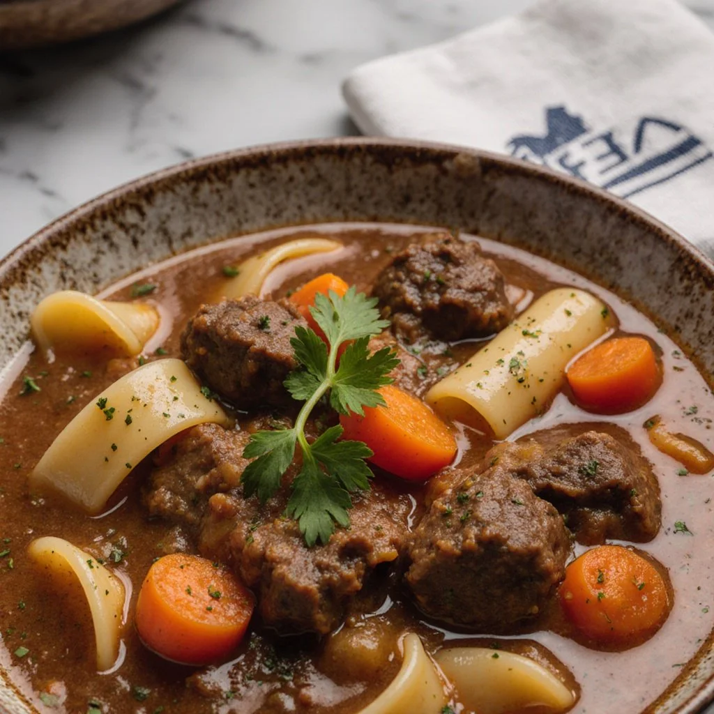 Eine köstliche Schüssel Deutscher Rindfleisch-Nudelsuppe mit frischen Zutaten.