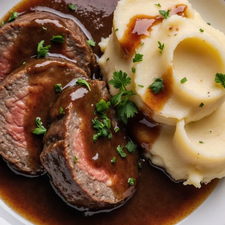 Traditioneller deutscher Sauerbraten mit Beilagen auf einem Teller serviert.