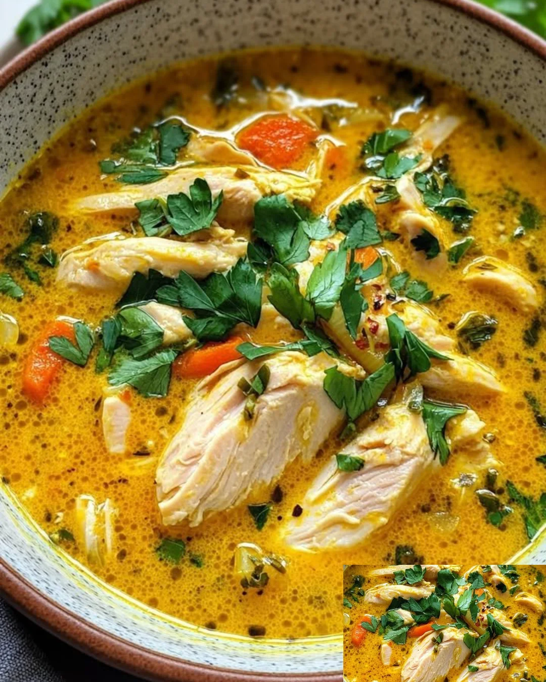 Schüssel mit gesunder, entzündungshemmender Kurkuma Hühnersuppe