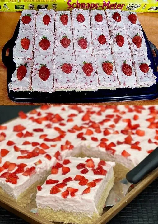 Erdbeer Schmand Blechkuchen mit frischen Erdbeeren und Sahne