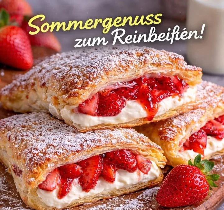 Erdbeerkissen aus Blätterteig mit frischen Erdbeeren und Puderzucker