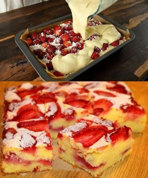 Frisch gebackener Erdbeerkuchen mit saftigen Erdbeeren und sahniger Glasur