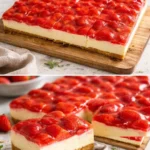 Erdbeerkuchen mit Schmand und Vanillecreme auf einem Teller