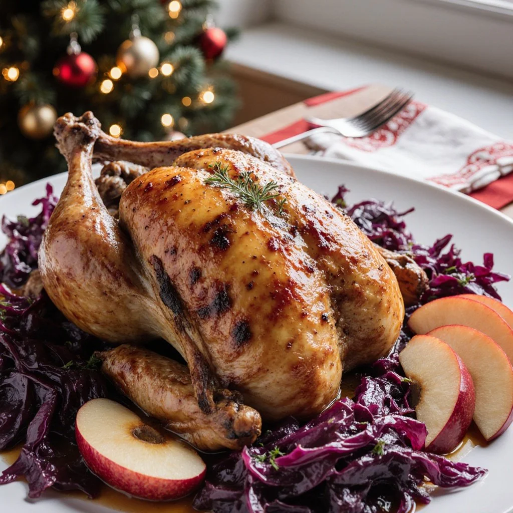 Zart gegrillter Gänsebraten mit Beilagen auf einem festlichen Tisch