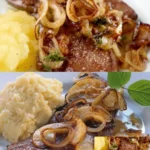 Geflügelleber mit Zwiebeln, Salbei und Balsamico-Wein-Sauce auf einem Teller