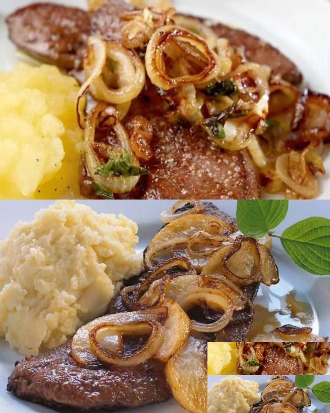 Geflügelleber mit Zwiebeln, Salbei und Balsamico-Wein-Sauce auf einem Teller