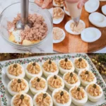 Leckere gefüllte Eier auf einem dekorativen Teller serviert