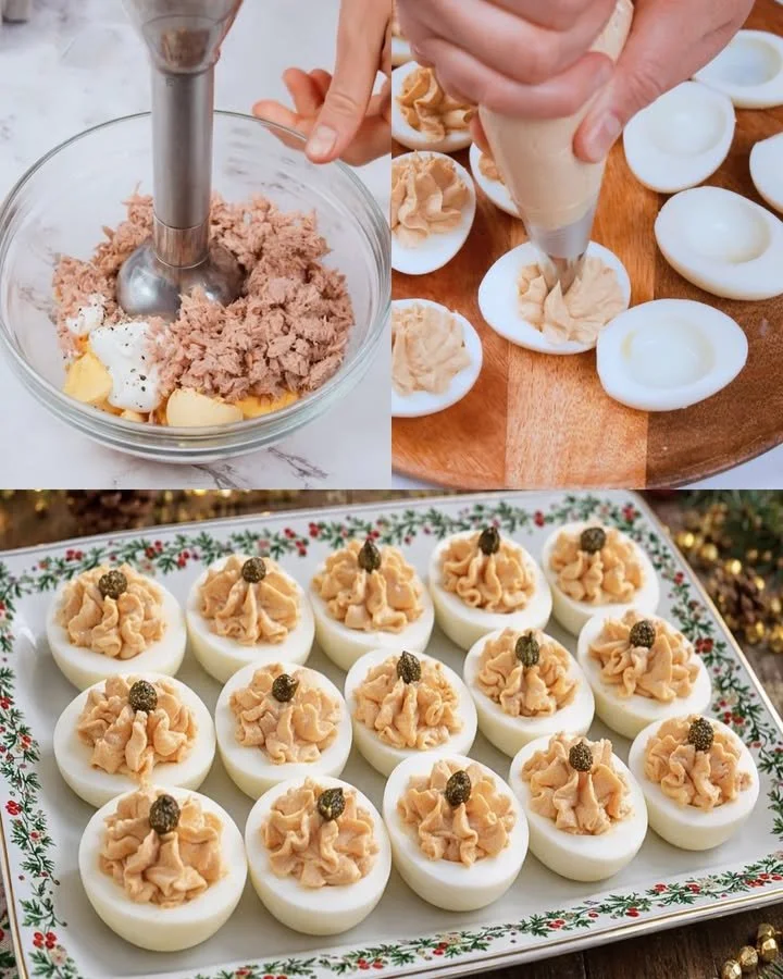 Leckere gefüllte Eier auf einem dekorativen Teller serviert