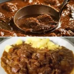 Leckeres Gulasch serviert in einer Schüssel mit frischen Kräutern