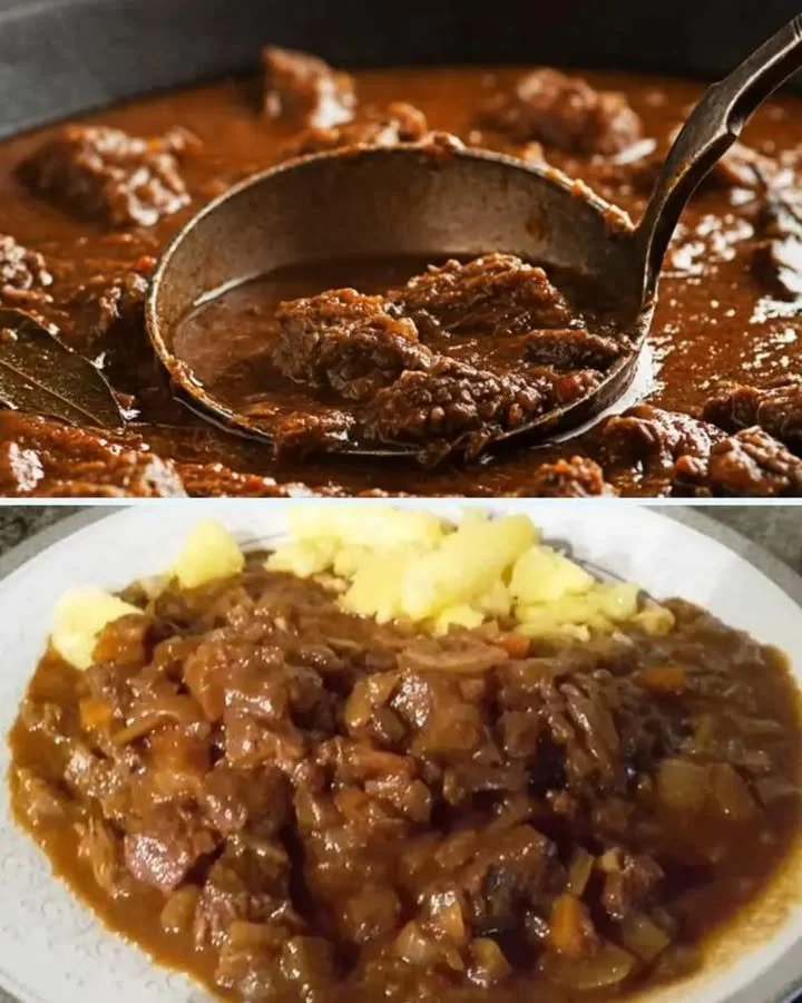 Leckeres Gulasch serviert in einer Schüssel mit frischen Kräutern