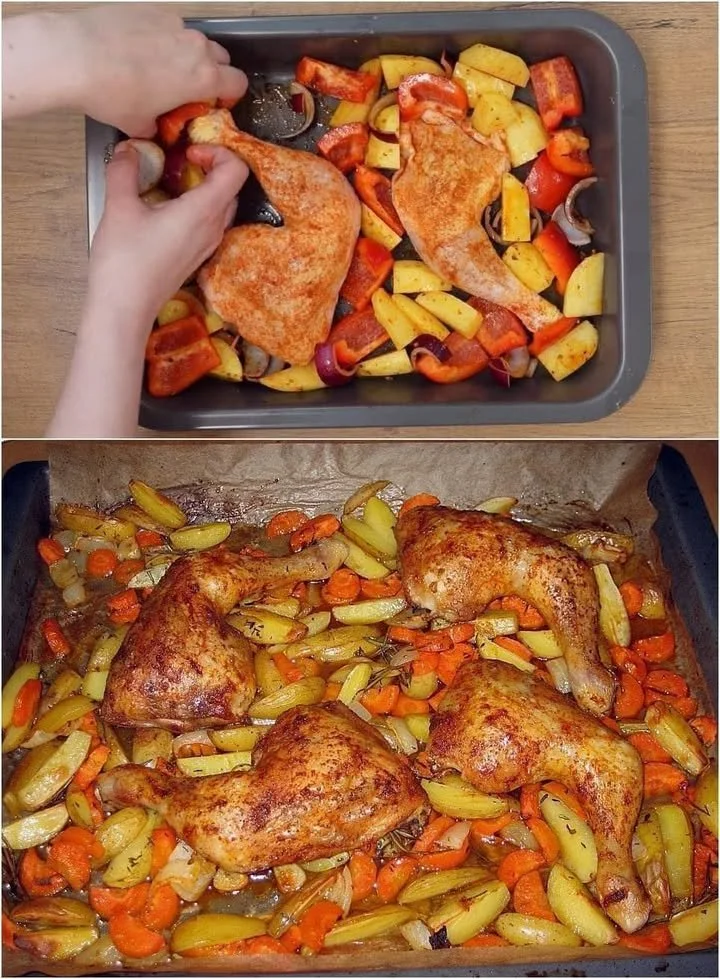 Hähnchenschenkel mit Ofen-Schmand-Gemüse auf einem Teller serviert