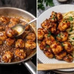 Honig-Knoblauch-Hähnchen auf cremigen Spaghetti serviert.