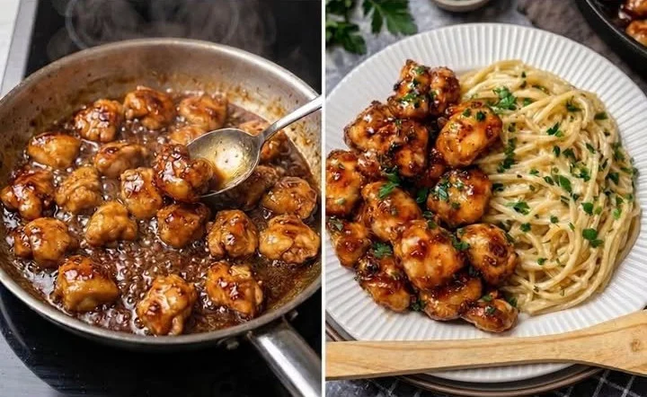 Honig-Knoblauch-Hähnchen mit cremigen Spaghetti