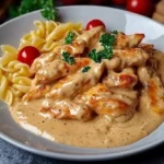 Hühnchenstreifen mit Nudeln in cremiger Sahnesauce auf einem Teller