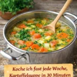 Ein Teller Kartoffelsuppe mit frischen Kräutern garniert
