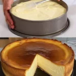 Leckerer Käsekuchen ohne Boden auf einem Teller serviert.