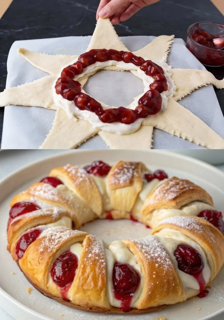 Kirsch-Frischkäse Kranz mit frischen Kirschen und cremigem Frischkäse