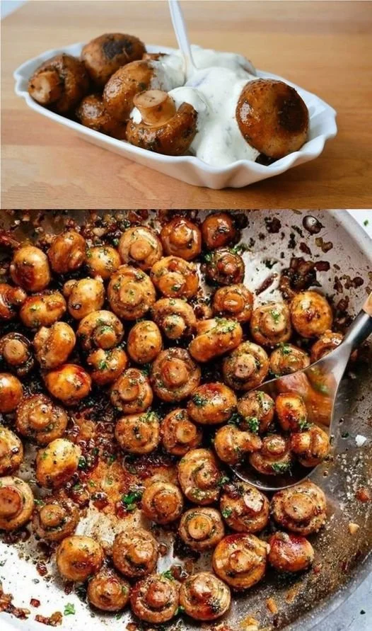 Leckere Knoblauch Champignons auf einem Teller serviert