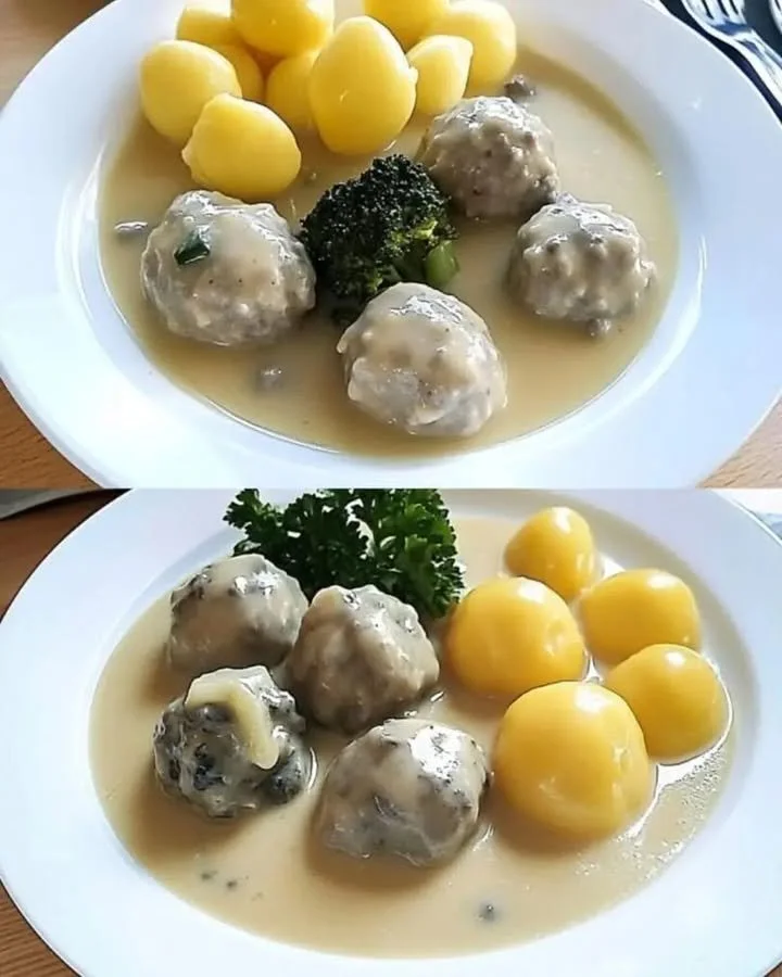 Königsberger Klopse serviert mit einer cremigen Sauce und Beilagen.