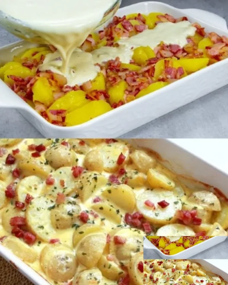 Schale mit köstlichen Carbonara Kartoffeln, garniert mit Parmesan und Kräutern.