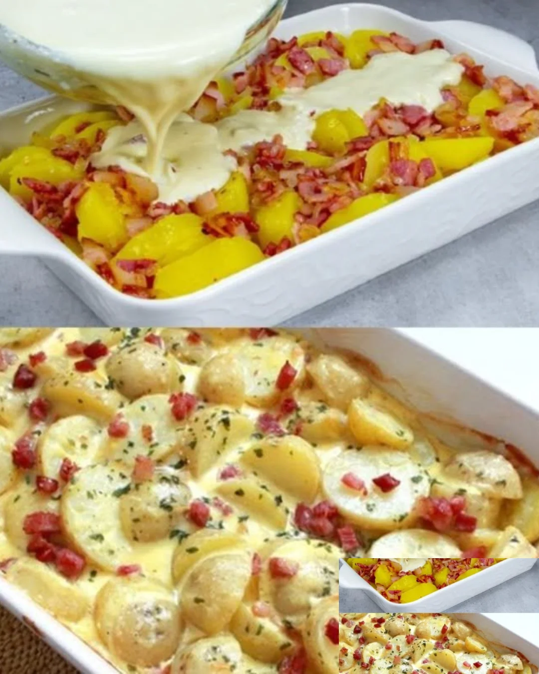 Schale mit köstlichen Carbonara Kartoffeln, garniert mit Parmesan und Kräutern.