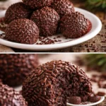 Schokoladige Rumkugeln auf einem Teller, verziert mit Kokosraspeln.