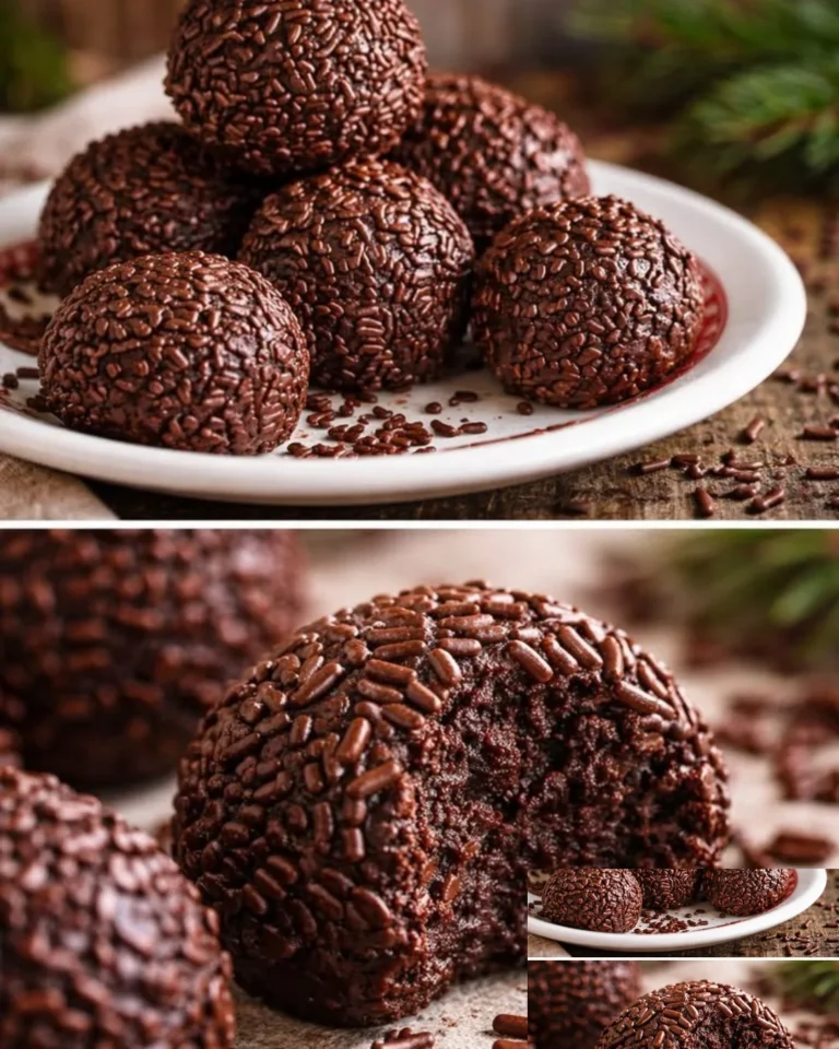 Schokoladige Rumkugeln auf einem Teller, verziert mit Kokosraspeln.