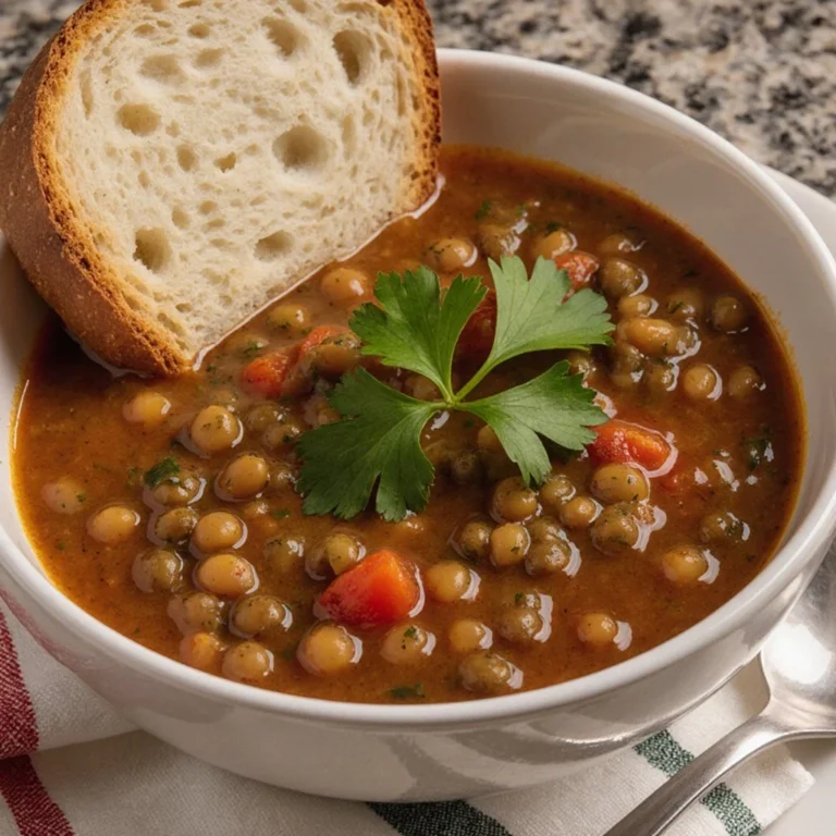 Schüssel mit frisch zubereiteter Linsensuppe auf einem Tisch