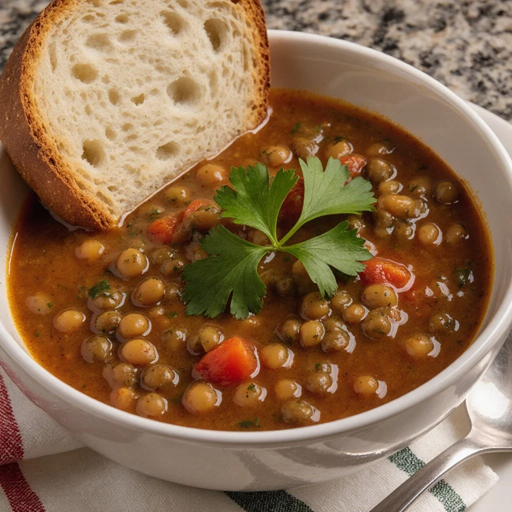 Schüssel mit frisch zubereiteter Linsensuppe auf einem Tisch
