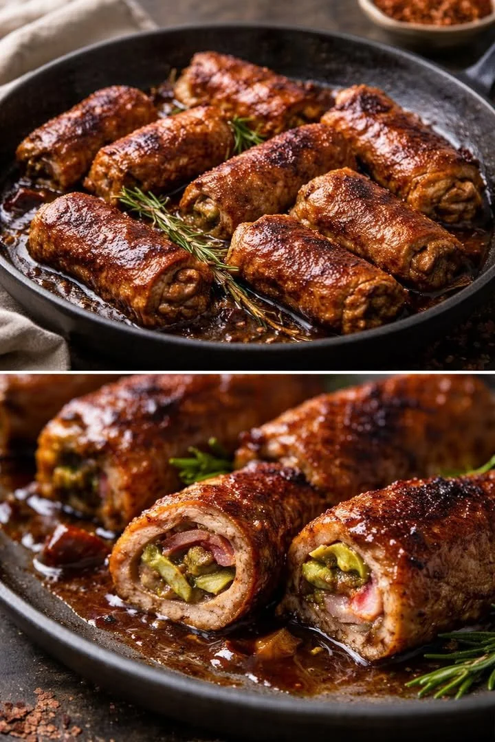 Mini-Rouladen mit Pesto-Schinken-Füllung und Oliven-Rotwein-Sauce