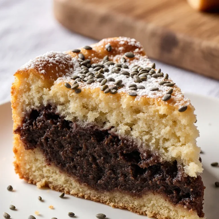 Deutscher Mohnkuchen mit Mohnfüllung auf einem Teller serviert