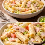 Nudelsalat mit Schinken und Käse in einer bunten Schüssel angerichtet