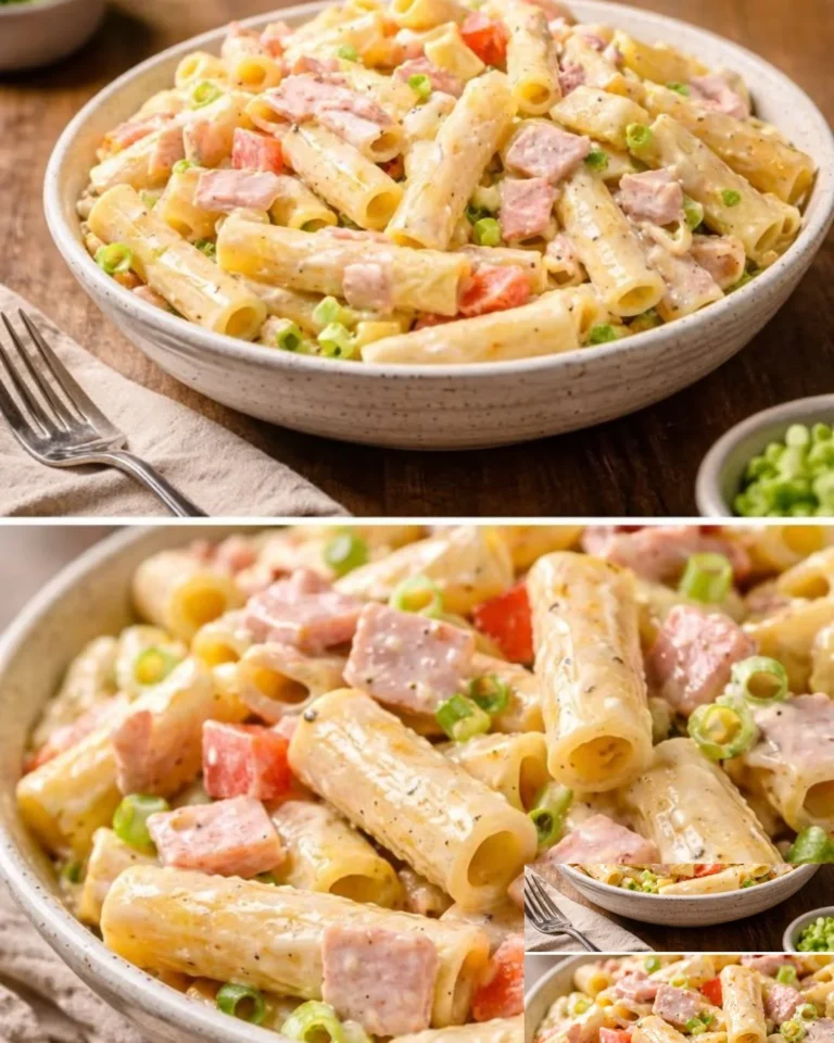 Nudelsalat mit Schinken und Käse in einer bunten Schüssel angerichtet