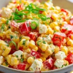 Paprika-Mais-Salat mit Feta und Joghurt in einer Schüssel serviert