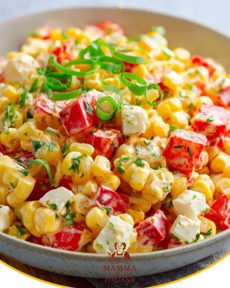 Paprika-Mais-Salat mit Feta und Joghurt in einer Schüssel serviert