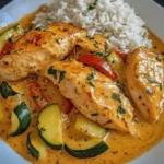 Paprika Zucchini Sahne Hühnchen auf einem Teller serviert