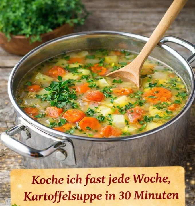 Bowl of creamy potato soup garnished with chives and served with bread.