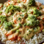 Reis mit Gemüse-Frischkäse-Sauce auf einem Teller serviert