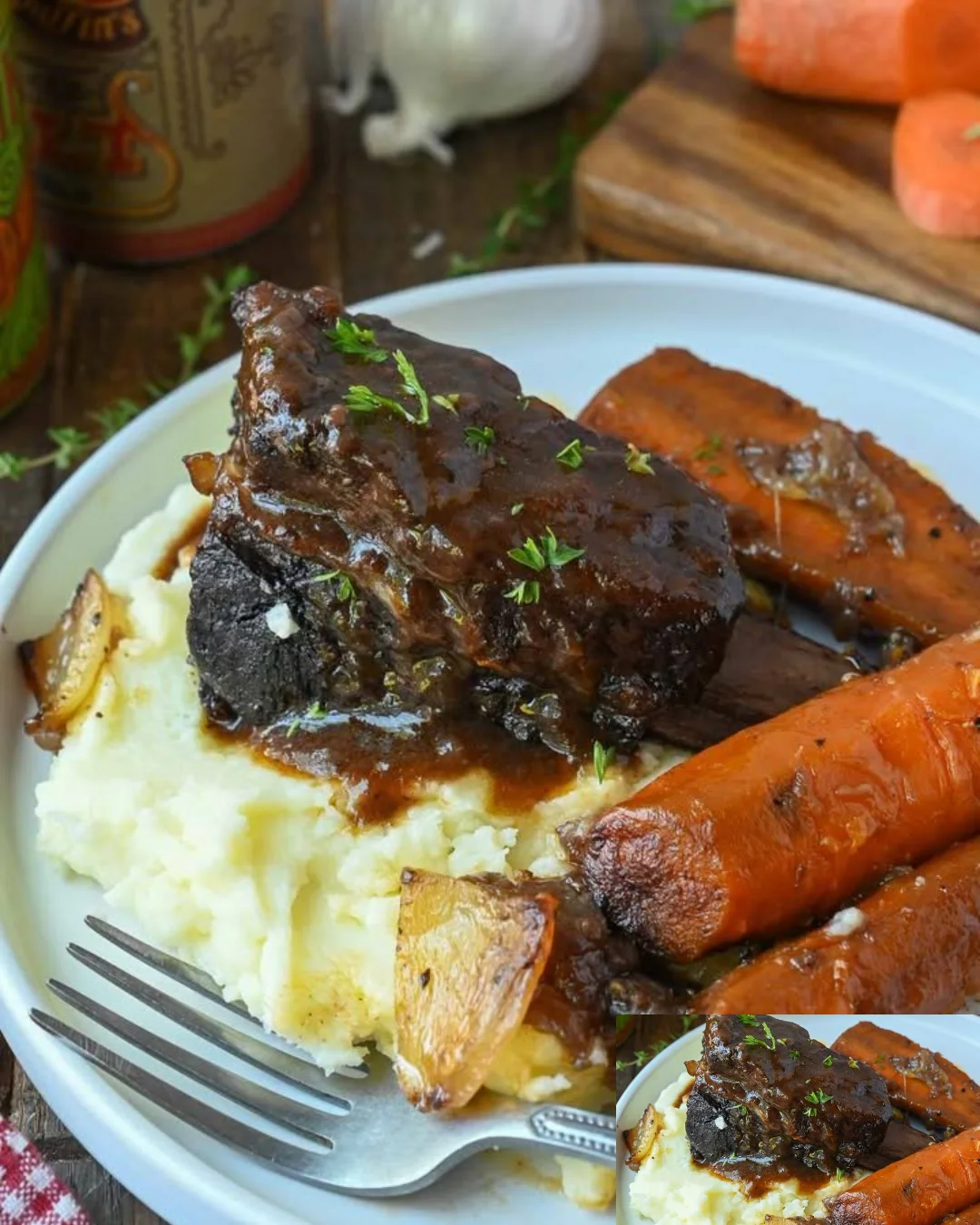 Rinderrippchen in Rotweinsauce serviert auf einem Teller
