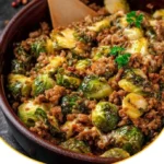 Cremiger Rosenkohl-Auflauf mit Hackfleisch auf einem Teller serviert