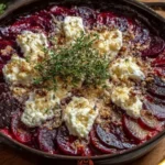 Rote-Bete-Gratin mit Ziegenkäse auf einem Teller serviert.
