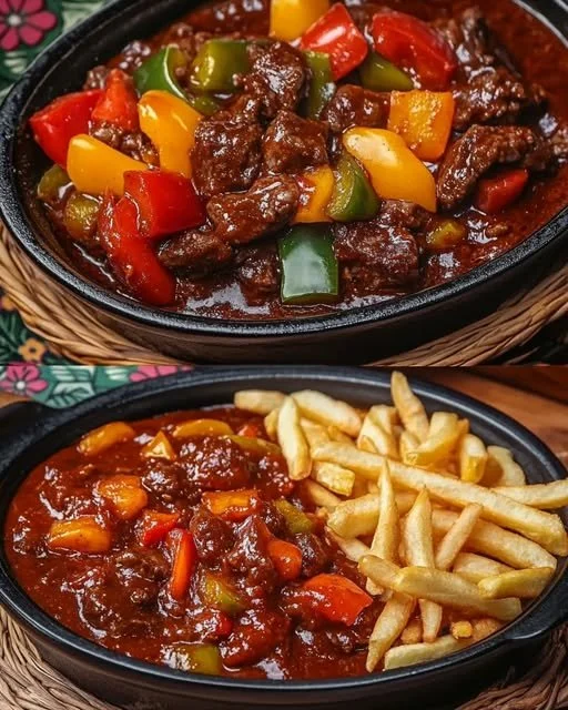 Leckeres Schaschliktopf Gericht aus dem Ofen mit Fleisch und Gemüse