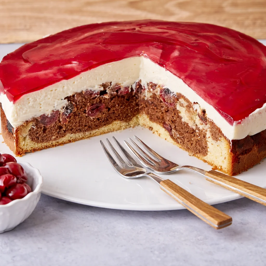 Schneewittchenkuchen einfach saftig mit Kirschen und Puddingcreme auf einem Teller.