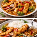 Schnelles Thai-Curry mit Huhn, Paprika und Erdnussnote auf einem Teller