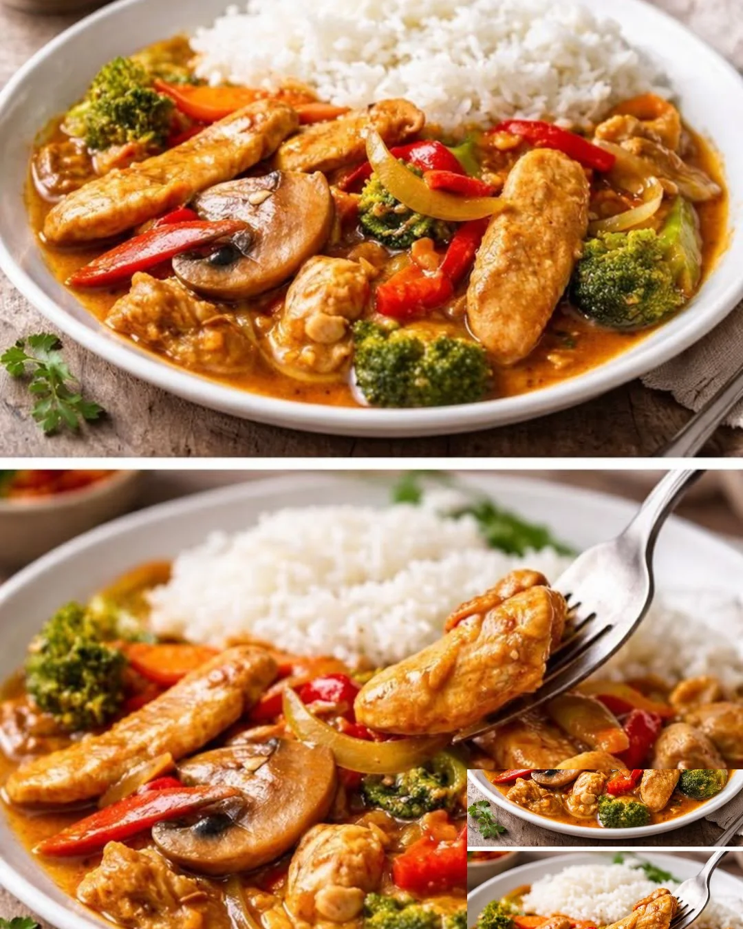 Schnelles Thai-Curry mit Huhn, Paprika und Erdnussnote auf einem Teller