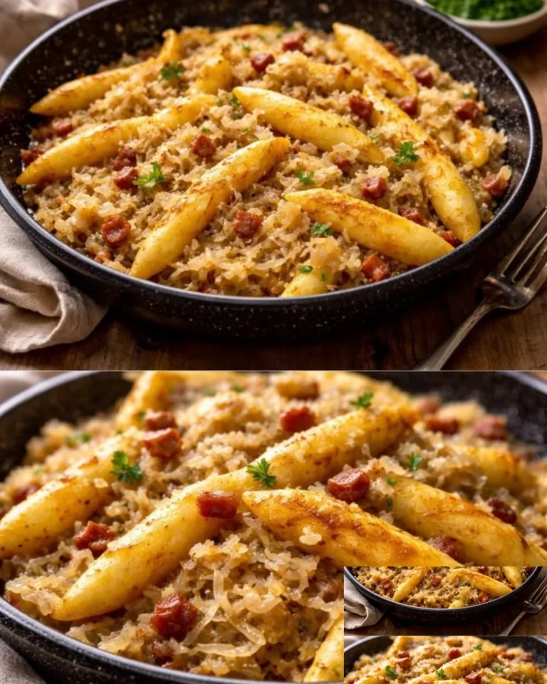 Leckere Schupfnudeln mit Sauerkraut und Speckwürfeln auf einem Teller