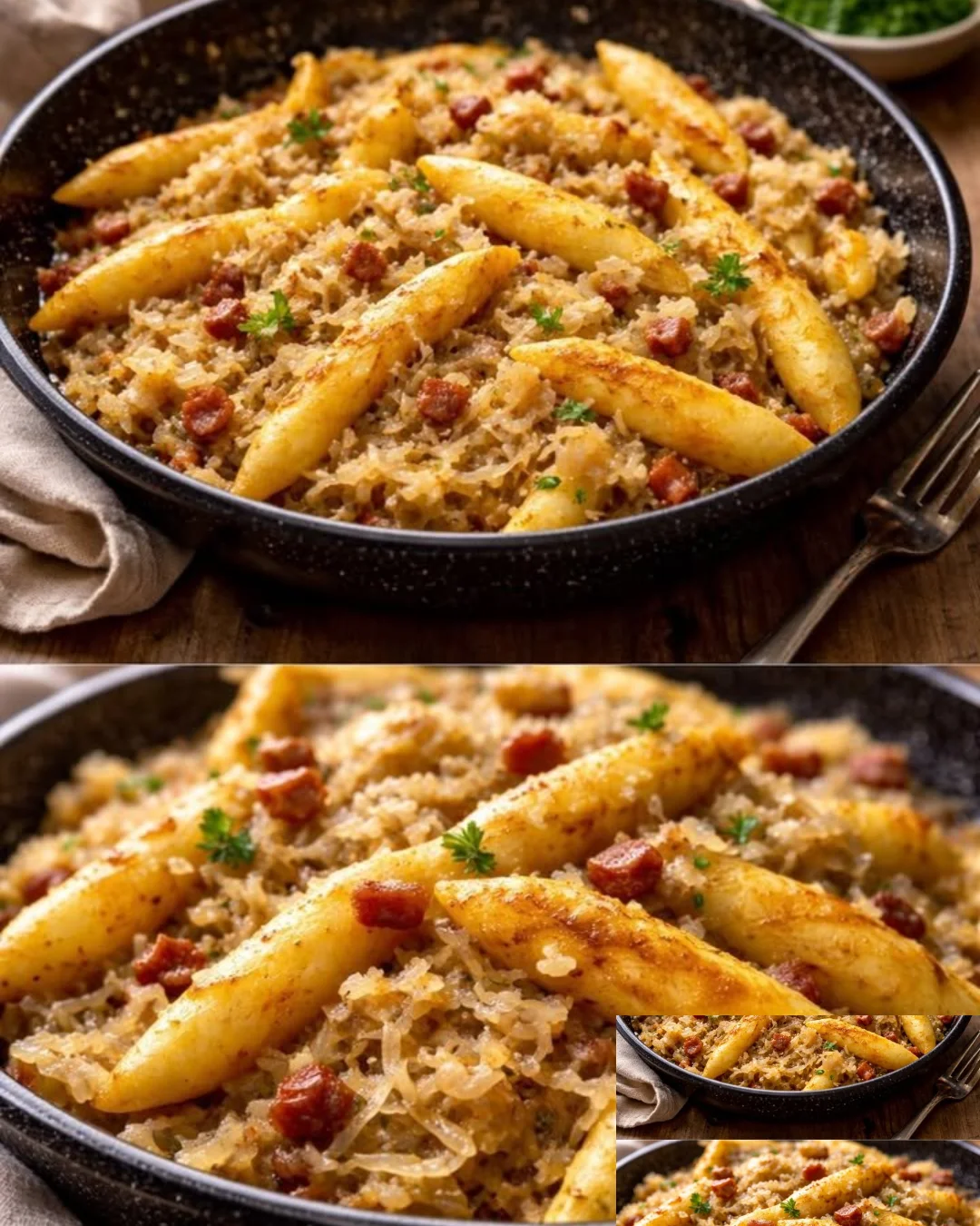 Schupfnudeln mit Sauerkraut und Speckwürfeln