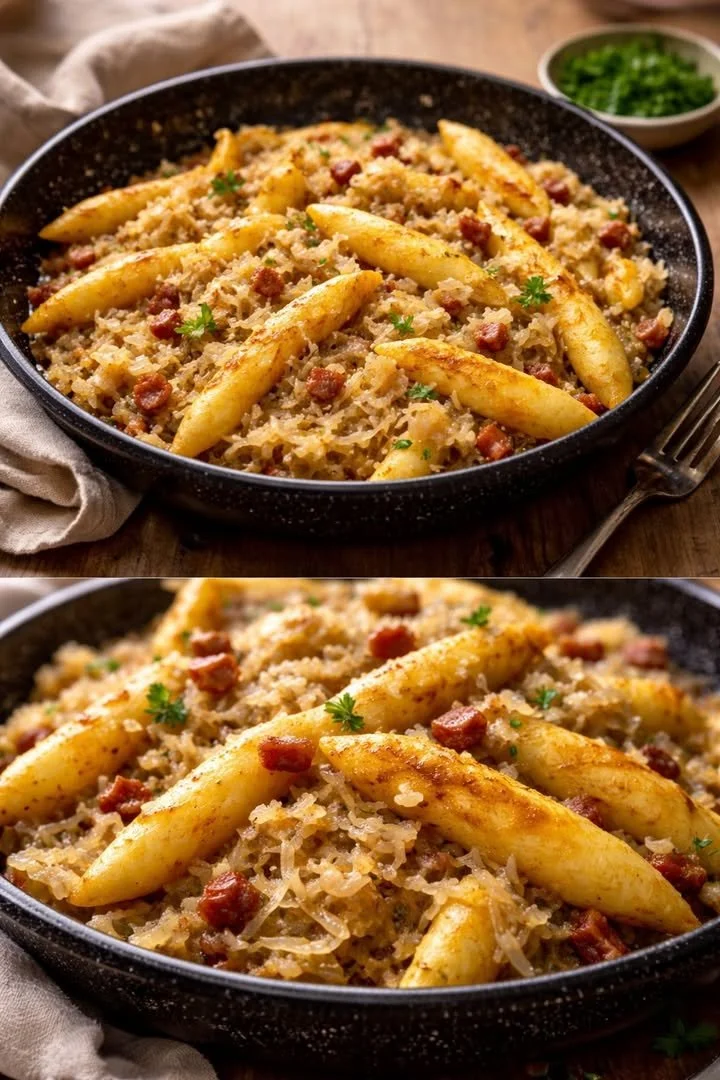 Schupfnudeln mit Sauerkraut und Speckwürfeln