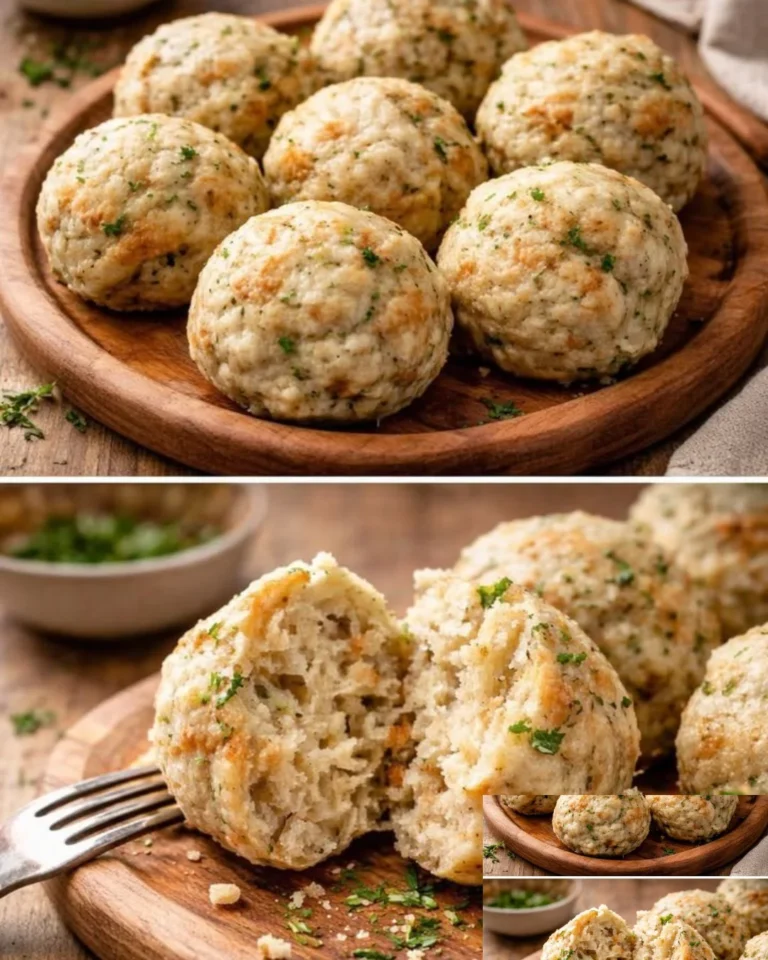 Semmelknödel auf einem Teller, serviert mit Soße und Petersilie