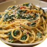 Spaghetti mit Spinat-Frischkäse-Sauce auf einem Teller serviert